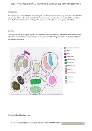 ENBE | FINAL PROJECT | PART A – REPORT | THE BETTER LIVABLE TOWN REPRESENTATION
Hau Hui Yee | 0320283| Pn.Hasnira | FNBE AUG 2014 | TAYLOR’S UNIVERSITY 19
STRUCTURE
the centre of city is surround by the five main region, and the whole city is surround by forest. The upper left of the
city is facing the river. The city is located at the lower reaches of riverside . The land of city which is near by the
river the flood control structures are designed to protect known flood hazard areas up to a certain limit.
Zoning
The city have five main region which is the commercial and business area, agriculture area, industrial area,
education area, residential area ,services area and government building. The centre of the city will be the
energy generation area.
Commercial and Business area
 