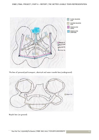 ENBE | FINAL PROJECT | PART A – REPORT | THE BETTER LIVABLE TOWN REPRESENTATION
Hau Hui Yee | 0320283| Pn.Hasnira | FNBE AUG 2014 | TAYLOR’S UNIVERSITY 23
The lane of personal pod transport , electrical and water transfer lane.(underground)
Bicycle lane (on ground)
 
