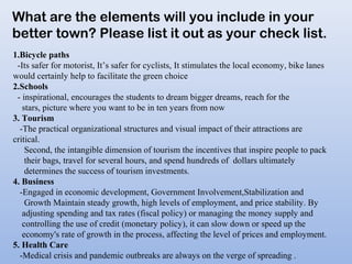 What are the elements will you include in your
better town? Please list it out as your check list.
1.Bicycle paths
-Its safer for motorist, It’s safer for cyclists, It stimulates the local economy, bike lanes
would certainly help to facilitate the green choice
2.Schools
- inspirational, encourages the students to dream bigger dreams, reach for the
stars, picture where you want to be in ten years from now
3. Tourism
-The practical organizational structures and visual impact of their attractions are
critical.
Second, the intangible dimension of tourism the incentives that inspire people to pack
their bags, travel for several hours, and spend hundreds of dollars ultimately
determines the success of tourism investments.
4. Business
-Engaged in economic development, Government Involvement,Stabilization and
Growth Maintain steady growth, high levels of employment, and price stability. By
adjusting spending and tax rates (fiscal policy) or managing the money supply and
controlling the use of credit (monetary policy), it can slow down or speed up the
economy's rate of growth in the process, affecting the level of prices and employment.
5. Health Care
-Medical crisis and pandemic outbreaks are always on the verge of spreading .
 