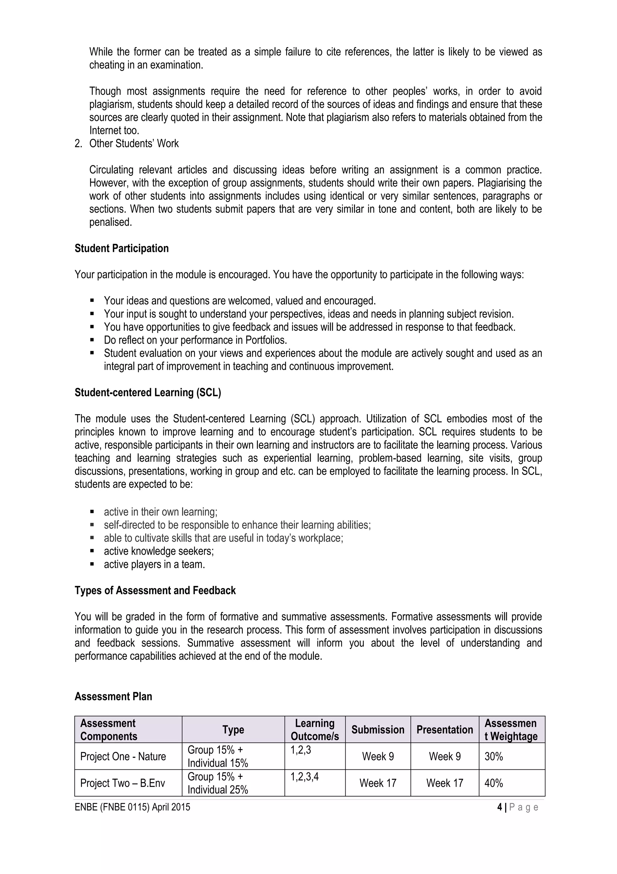 ENBE (FNBE 0115) April 2015 4 | P a g e
While the former can be treated as a simple failure to cite references, the latter is likely to be viewed as
cheating in an examination.
Though most assignments require the need for reference to other peoples’ works, in order to avoid
plagiarism, students should keep a detailed record of the sources of ideas and findings and ensure that these
sources are clearly quoted in their assignment. Note that plagiarism also refers to materials obtained from the
Internet too.
2. Other Students’ Work
Circulating relevant articles and discussing ideas before writing an assignment is a common practice.
However, with the exception of group assignments, students should write their own papers. Plagiarising the
work of other students into assignments includes using identical or very similar sentences, paragraphs or
sections. When two students submit papers that are very similar in tone and content, both are likely to be
penalised.
Student Participation
Your participation in the module is encouraged. You have the opportunity to participate in the following ways:
 Your ideas and questions are welcomed, valued and encouraged.
 Your input is sought to understand your perspectives, ideas and needs in planning subject revision.
 You have opportunities to give feedback and issues will be addressed in response to that feedback.
 Do reflect on your performance in Portfolios.
 Student evaluation on your views and experiences about the module are actively sought and used as an
integral part of improvement in teaching and continuous improvement.
Student-centered Learning (SCL)
The module uses the Student-centered Learning (SCL) approach. Utilization of SCL embodies most of the
principles known to improve learning and to encourage student’s participation. SCL requires students to be
active, responsible participants in their own learning and instructors are to facilitate the learning process. Various
teaching and learning strategies such as experiential learning, problem-based learning, site visits, group
discussions, presentations, working in group and etc. can be employed to facilitate the learning process. In SCL,
students are expected to be:
 active in their own learning;
 self-directed to be responsible to enhance their learning abilities;
 able to cultivate skills that are useful in today’s workplace;
 active knowledge seekers;
 active players in a team.
Types of Assessment and Feedback
You will be graded in the form of formative and summative assessments. Formative assessments will provide
information to guide you in the research process. This form of assessment involves participation in discussions
and feedback sessions. Summative assessment will inform you about the level of understanding and
performance capabilities achieved at the end of the module.
Assessment Plan
Assessment
Components
Type
Learning
Outcome/s
Submission Presentation
Assessmen
t Weightage
Project One - Nature
Group 15% +
Individual 15%
1,2,3
Week 9 Week 9 30%
Project Two – B.Env
Group 15% +
Individual 25%
1,2,3,4
Week 17 Week 17 40%
 