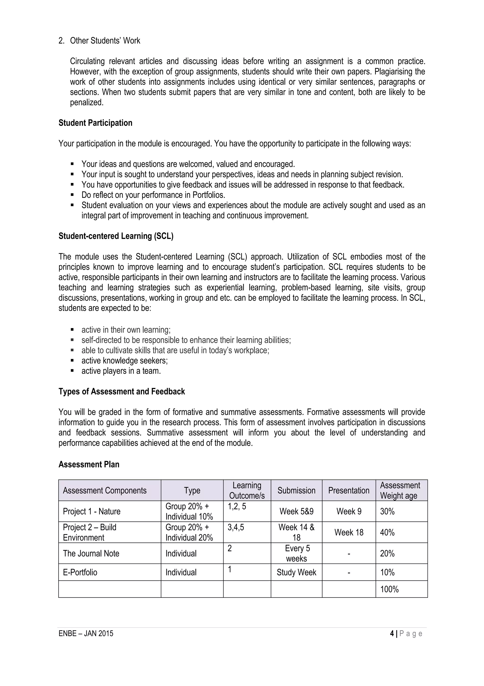ENBE – JAN 2015 4 | P a g e
2. Other Students’ Work
Circulating relevant articles and discussing ideas before writing an assignment is a common practice.
However, with the exception of group assignments, students should write their own papers. Plagiarising the
work of other students into assignments includes using identical or very similar sentences, paragraphs or
sections. When two students submit papers that are very similar in tone and content, both are likely to be
penalized.
Student Participation
Your participation in the module is encouraged. You have the opportunity to participate in the following ways:
 Your ideas and questions are welcomed, valued and encouraged.
 Your input is sought to understand your perspectives, ideas and needs in planning subject revision.
 You have opportunities to give feedback and issues will be addressed in response to that feedback.
 Do reflect on your performance in Portfolios.
 Student evaluation on your views and experiences about the module are actively sought and used as an
integral part of improvement in teaching and continuous improvement.
Student-centered Learning (SCL)
The module uses the Student-centered Learning (SCL) approach. Utilization of SCL embodies most of the
principles known to improve learning and to encourage student’s participation. SCL requires students to be
active, responsible participants in their own learning and instructors are to facilitate the learning process. Various
teaching and learning strategies such as experiential learning, problem-based learning, site visits, group
discussions, presentations, working in group and etc. can be employed to facilitate the learning process. In SCL,
students are expected to be:
 active in their own learning;
 self-directed to be responsible to enhance their learning abilities;
 able to cultivate skills that are useful in today’s workplace;
 active knowledge seekers;
 active players in a team.
Types of Assessment and Feedback
You will be graded in the form of formative and summative assessments. Formative assessments will provide
information to guide you in the research process. This form of assessment involves participation in discussions
and feedback sessions. Summative assessment will inform you about the level of understanding and
performance capabilities achieved at the end of the module.
Assessment Plan
Assessment Components Type
Learning
Outcome/s
Submission Presentation
Assessment
Weight age
Project 1 - Nature
Group 20% +
Individual 10%
1,2, 5
Week 5&9 Week 9 30%
Project 2 – Build
Environment
Group 20% +
Individual 20%
3,4,5 Week 14 &
18
Week 18 40%
The Journal Note Individual
2 Every 5
weeks
- 20%
E-Portfolio Individual 1 Study Week - 10%
100%
 