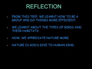 REFLECTION
FROM THIS TRIP, WE LEARNT HOW TO BE A
GROUP AND DO THINGS MORE EFFECIENT.
WE LEARNT ABOUT THE TYPES OF BIRDS AND
THEIR HABITATS
NOW, WE APPRECIATE NATURE MORE.
NATURE IS GOD’S GIVE TO HUMAN KIND.