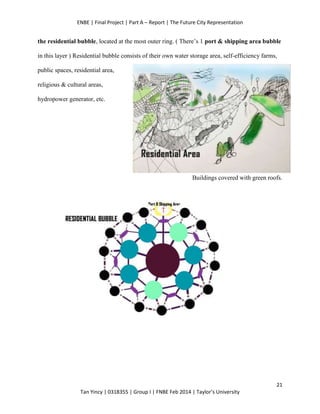 ENBE | Final Project | Part A – Report | The Future City Representation
21
Tan Yincy | 0318355 | Group I | FNBE Feb 2014 | Taylor’s University
the residential bubble, located at the most outer ring. ( There’s 1 port & shipping area bubble
in this layer ) Residential bubble consists of their own water storage area, self-efficiency farms,
public spaces, residential area,
religious & cultural areas,
hydropower generator, etc.
Buildings covered with green roofs.
 