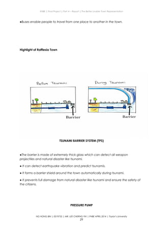 ENBE | Final Project | Part A – Report | The Better Livable Town Representation
●Buses enable people to travel from one place to another in the town.
Highlight of Rafflesia Town
TSUNAMI BARRIER SYSTEM (TPS)
●The barrier is made of extremely thick glass which can detect all weapon
projectiles and natural disaster like tsunami.
● It can detect earthquake vibration and predict tsunamis.
● It forms a barrier shield around the town automatically during tsunami.
● It prevents full damage from natural disaster like tsunami and ensure the safety of
the citizens.
PRESSURE PUMP
NG HONG BIN | 0319735 | MR. LEE CHERNG YIH | FNBE APRIL 2014 | Taylor’s University
29
 