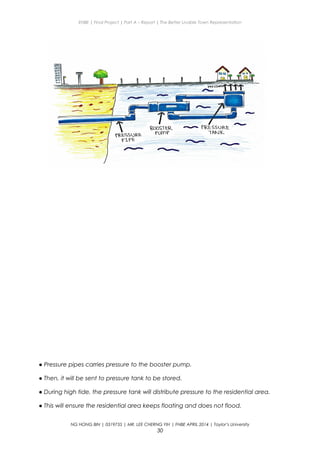 ENBE | Final Project | Part A – Report | The Better Livable Town Representation
● Pressure pipes carries pressure to the booster pump.
● Then, it will be sent to pressure tank to be stored.
● During high tide, the pressure tank will distribute pressure to the residential area.
● This will ensure the residential area keeps floating and does not flood.
NG HONG BIN | 0319735 | MR. LEE CHERNG YIH | FNBE APRIL 2014 | Taylor’s University
30
 
