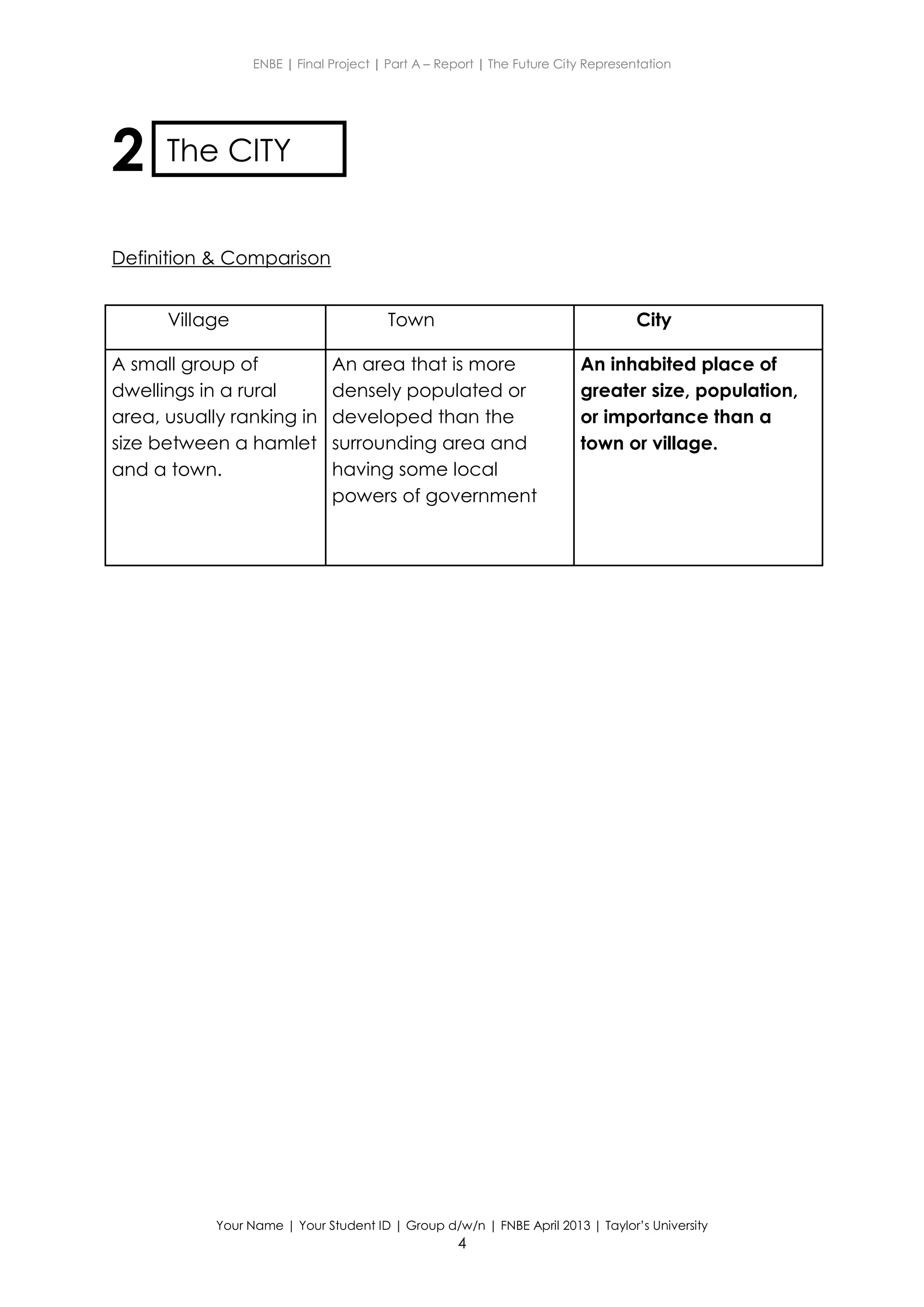 ENBE | Final Project | Part A – Report | The Future City Representation
Your Name | Your Student ID | Group d/w/n | FNBE April 2013 | Taylor’s University
4
2
Definition & Comparison
Village Town City
A small group of
dwellings in a rural
area, usually ranking in
size between a hamlet
and a town.
An area that is more
densely populated or
developed than the
surrounding area and
having some local
powers of government
An inhabited place of
greater size, population,
or importance than a
town or village.
The CITY
 