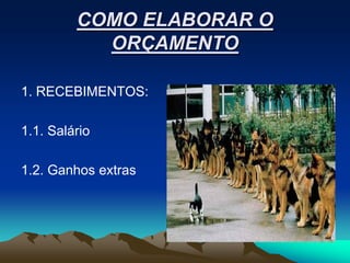 COMO ELABORAR O
           ORÇAMENTO

1. RECEBIMENTOS:

1.1. Salário

1.2. Ganhos extras
 