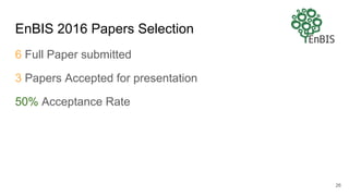 EnBIS 2016 Papers Selection
6 Full Paper submitted
3 Papers Accepted for presentation
50% Acceptance Rate
26
 