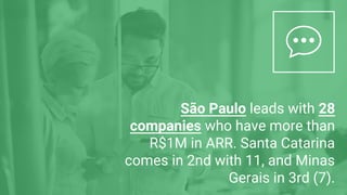 São Paulo leads with 28
companies who have more than
R$1M in ARR. Santa Catarina
comes in 2nd with 11, and Minas
Gerais in 3rd (7).
 