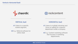 VERTICAL SaaS
#1 Caters to a specific
market segment;
#2 E.g.: Referral software for
online retail
HORIZONTAL SaaS
#1 Caters to multiple industries and
focus on selling for a specific
department inside a company.
#2 E.g.: Content marketing software
that focuses in marketing
departments.
#02 | BUSINESS FOCUS
Vertical x Horizontal SaaS
 