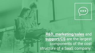R&D, marketing/sales and
support/CS are the largest
components of the cost
structure of a SaaS company.
 
