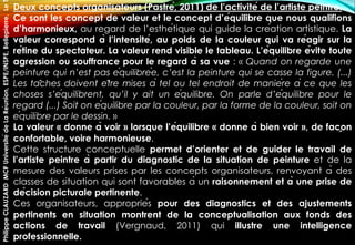 Deux concepts organisateurs (Pastré, 2011) de l’activité de l’artiste peintre.
Ce sont les concept de valeur et le concept d’équilibre que nous qualifions
d’harmonieux, au regard de l’esthétique qui guide la création artistique. La
valeur correspond à l’intensité, au poids de la couleur qui va réagir sur la
rétine du spectateur. La valeur rend visible le tableau. L’équilibre évite toute
agression ou souffrance pour le regard à sa vue : « Quand on regarde une
peinture qui n’est pas équilibrée, c’est la peinture qui se casse la figure. (...)
Les tâches doivent être mises à tel ou tel endroit de manière à ce que les
choses s’équilibrent, qu’il y ait un équilibre. On parle d’équilibre pour le
regard (...) Soit on équilibre par la couleur, par la forme de la couleur, soit on
équilibre par le dessin. »
La valeur « donne à voir » lorsque l’équilibre « donne à bien voir », de façon
confortable, voire harmonieuse.
Cette structure conceptuelle permet d’orienter et de guider le travail de
l’artiste peintre à partir du diagnostic de la situation de peinture et de la
mesure des valeurs prises par les concepts organisateurs, renvoyant à des
classes de situation qui sont favorables à un raisonnement et à une prise de
décision picturale pertinente.
Ces organisateurs, appropriés pour des diagnostics et des ajustements
pertinents en situation montrent de la conceptualisation aux fonds des
actions de travail (Vergnaud, 2011) qui illustre une intelligence
professionnelle.
PhilippeCLAUZARDMCFUniversitédeLaRéunion,ESPE/INSPE,Bellepierre,Le
 
