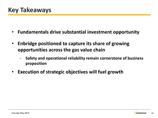 Key Takeaways 
16 
•Fundamentals drive substantial investment opportunity 
•Enbridge positioned to capture its share of growing opportunities across the gas value chain 
-Safety and operational reliability remain cornerstone of business proposition 
•Execution of strategic objectives will fuel growth 
Enbridge Day 2014  