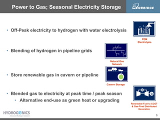 5
Power to Gas; Seasonal Electricity Storage
•  Off-Peak electricity to hydrogen with water electrolysis
•  Blending of hy...