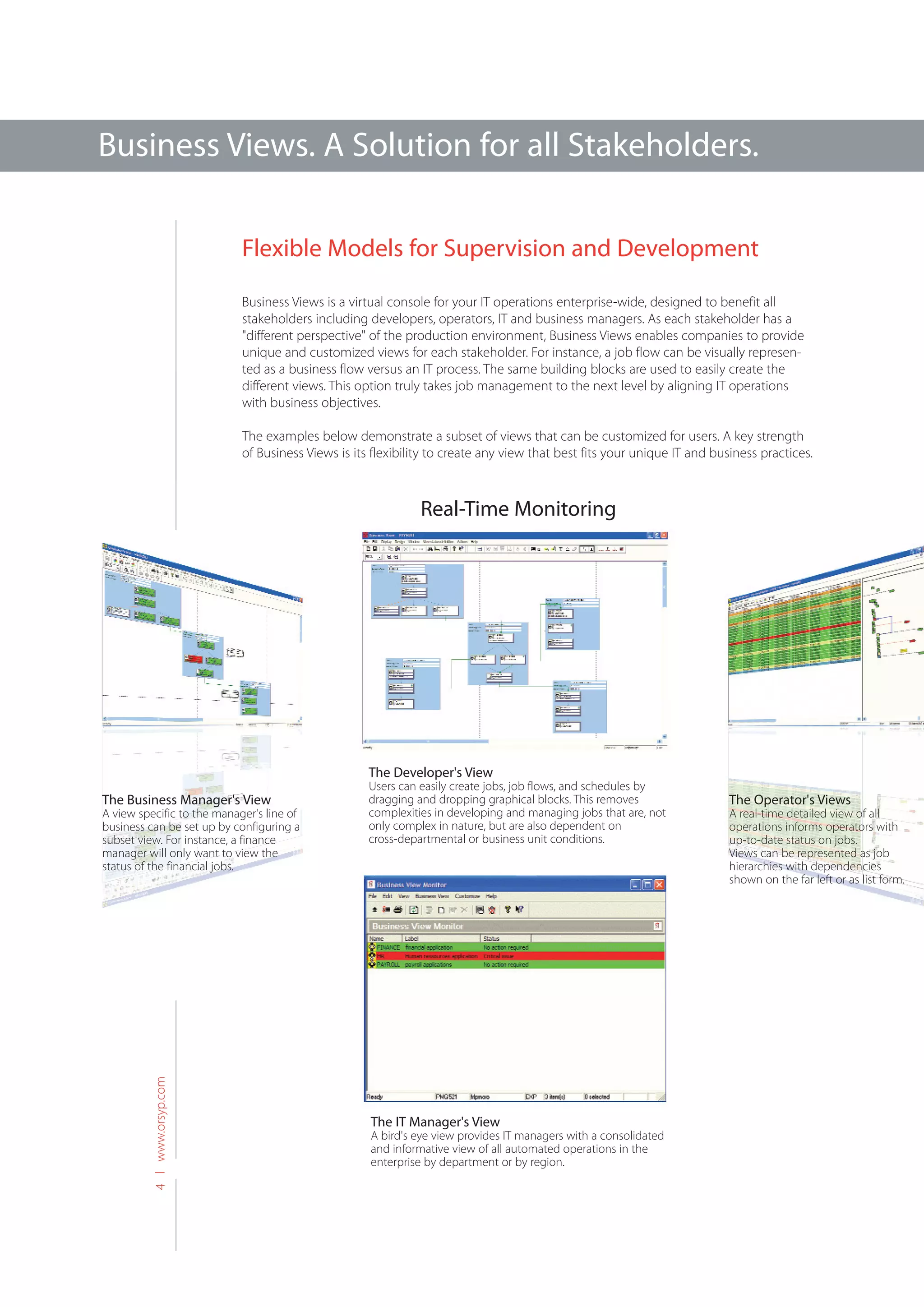 Business Views. A Solution for all Stakeholders.

                              Flexible Models for Supervision and Development

                              Business Views is a virtual console for your IT operations enterprise-wide, designed to benefit all
                              stakeholders including developers, operators, IT and business managers. As each stakeholder has a
                              "different perspective" of the production environment, Business Views enables companies to provide
                              unique and customized views for each stakeholder. For instance, a job flow can be visually represen-
                              ted as a business flow versus an IT process. The same building blocks are used to easily create the
                              different views. This option truly takes job management to the next level by aligning IT operations
                              with business objectives.

                              The examples below demonstrate a subset of views that can be customized for users. A key strength
                              of Business Views is its flexibility to create any view that best fits your unique IT and business practices.



                                                                Real-Time Monitoring




                                                      The Developer's View
                                                      Users can easily create jobs, job flows, and schedules by
The Business Manager's View                           dragging and dropping graphical blocks. This removes                 The Operator's Views
A view specific to the manager's line of              complexities in developing and managing jobs that are, not           A real-time detailed view of all
business can be set up by configuring a               only complex in nature, but are also dependent on                    operations informs operators with
subset view. For instance, a finance                  cross-departmental or business unit conditions.                      up-to-date status on jobs.
manager will only want to view the                                                                                         Views can be represented as job
status of the financial jobs.                                                                                              hierarchies with dependencies
                                                                                                                           shown on the far left or as list form.
          4 l www.orsyp.com




                                                      The IT Manager's View
                                                      A bird's eye view provides IT managers with a consolidated
                                                      and informative view of all automated operations in the
                                                      enterprise by department or by region.
 