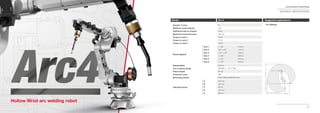 52
Comau Robotics Product RangeComau Robotics Product Range
53
Hollow Wrist arc welding robot
Number of axes
Maximum wrist payload
Additional load on forearm
Maximum horizontal reach
Torque on axis 4
Torque on axis 5
Torque on axis 6
Stroke (Speed)
Repeatability
Tool coupling ﬂange
Robot weight
Protection class
Mounting position
Operating Areas
Axis 1
Axis 2
Axis 3
Axis 4
Axis 5
Axis 6
A
B
C
D
E
Model
6
5 kg
10 kg
1951 mm
14 Nm
14 Nm
4.9 Nm
+/- 180° (170°/s)
-60° / +155° (175°/s)
-170° / +110° (185°/s)
+/- 185° (360°/s)
+/- 123° (375°/s)
+/- 270° (550°/s)
0.05 mm
ISO 9409 - 1 - 63 - 4 - M6
375 kg
IP65
Floor / Ceiling / Sloped (45° max)
2251 mm
1951 mm
49 mm
1257 mm
986 mm
Arc 4 Suggested applications
Hollow Wrist arc welding robotHollow Wrist arc welding robotHollow Wrist arc welding robotHollow Wrist arc welding robotHollow Wrist arc welding robotHollow Wrist arc welding robotHollow Wrist arc welding robot
(D)
(A)(E)
(C)
(B)
• Arc Welding
TECHNICAL SPECIFICATIONS
 