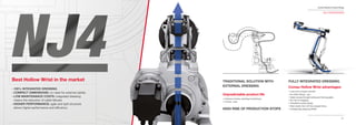 54
Comau Robotics Product RangeComau Robotics Product Range
55
Best Hollow Wrist in the market
NJ4 ADVANTAGES
• 100% INTEGRATED DRESSING
• COMPACT DIMENSIONS: no need for external cables
• LOW MAINTENANCE COSTS: integrated dressing
means the reduction of cable failures
• HIGHER PERFORMANCE: agile and light structure
allows higher performance and eﬃciency
TRADITIONAL SOLUTION WITH
EXTERNAL DRESSING
HIGH RISK OF PRODUCTION STOPS
Unpredictable product life
• Unknown torsion, bending & stretching
• Friction, wear
Comau Hollow Wrist advantages:
• Lean and compact solution
• No oﬀset ﬂange - gun
• Easier access through tooling and framing gates
• No risk of snagging
• Simpliﬁed tooling design
• Best results from oﬀ-line programming
• Outstanding dressing-MTBF
FULLY INTEGRATED DRESSING
 