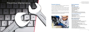 107
Comau Robotics Customer Services
106
Comau Robotics Product Range
Typical maintenance
ROBOT ARM
Annual controls and activities
• Check calibration position
• Check backlash and lost motion
• Visual check of lubricant leaks
• Check wiring harness
• Clean calibration references
• Clean robot
• Reset recovery position
• Speciﬁc intervention (depending on the Robot model)
• Fill out the maintenance card with relevant observations
Controls and activities (every 3 years)
• Replace gearbox lubricants
• Replace thrust bearing lubricant
• Grease bearings
• Speciﬁc intervention (depending on the Robot model)
ROBOT CONTROLLER C5G/C4G
Annual controls and activities
• Save user programs on USB
• Check fans and clean cooling system
• Control emergency button on the TP / on the Control (C4G)
• UPS & APC battery check (C5G) / CU battery (C4G)
• Check grounding strips
• Control connections, clamping connectors and screws
• Control main voltage (380/500 V +/- 15%)
• Control SDM voltage (C5G) / APS and FIA board voltage (C4G)
• Control NET ﬁlters voltages
• Check dial functionality of the TP
• Check selector functionality on TP
• Check general integrity of the system (C5G or C4G)
• Fill out the maintenance card with relevant observations
Preventive Maintenance TECHNICAL ASSISTANCE
Preventive maintenance
The purpose of preventive maintenance is to maintain the eﬃciency of
the robot over time by retaining its original integrity.
This helps to eliminate production stops caused by the failure to execute
controls and calibrations that together form the basis for eﬃcient operation.
To achieve this objective, Comau oﬀers a set of maintenance agreements,
tailored for the entire robot family, including the careful control of
mechanics and electronics.
A planned and scheduled preventive maintenance enables the identiﬁcation
of malfunctions and critical parts in need of replacement, which could
compromise the reliability of the entire production line.
Preventive MaintenancePreventive Maintenance
 