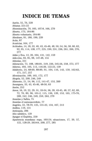 INDICE DE TEMAS
Aarón, 55, 76, 220
Abiatar, 221-22
Abominación, 70, 103, 107-8, 166, 270
Aborto, 173, 184-86
Aborto voluntario, 184-86
Abraham, 81, 180, 190, 239
Acán, 87
Acariciar, 164, 177
Actitudes, 14, 18, 33, 40, 43, 45-46, 48, 50, 54, 56, 58, 60, 63,
    92, 95, 114, 138, 177, 225, 230, 231, 236, 261, 266, 276,
    277
Adán y Eva, 12, 20, 104, 131, 142, 159
Adicción, 93, 95, 98, 147-48, 155
Adonías, 221
Adoración, 72, 108, 180-81, 219, 236, 245-56, 258, 272, 277
Adorno, 103, 105, 113, 116-20, 122-23, 139
Adulterio, 24, 68-69, 88-89, 91, 104, 116, 143, 159, 162-63,
    171, 217, 257
Afeminación, 109, 165, 172, 177
Alegría, 52, 209, 246, 249
Alimento, 21, 54, 96, 112, 141-47, 153, 260
Amargura, 33, 43, 45-46, 48-50, 63
Amón, 252
Amor, 16, 19, 22, 29, 31, 33-34, 36, 39, 43-45, 48, 57, 62, 69,
    72, 76, 89, 96, 101-2, 115, 136, 139, 153, 165, 175-76,
    209, 242, 246, 249, 259, 263, 279
Ananías y Safira, 75
Ananías el sumosacerdote, 77
Angeles, 22, 78-79, 125, 131-32, 134, 167, 213
Anillos, 119, 121
Antioquía, 206
Año sabático, 129
Apagar el Espíritu, 250
Apariencia mundana: ropa, 103-24; situaciones, 17, 39, 57,
    122, 128-29, 263-64, 268, 277, 285

                              287
 