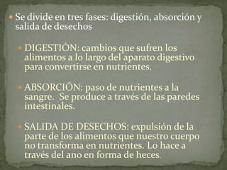  Se divide en tres fases: digestión, absorción y
salida de desechos
 DIGESTIÓN: cambios que sufren los
alimentos a lo largo del aparato digestivo
para convertirse en nutrientes.
 ABSORCIÓN: paso de nutrientes a la
sangre. Se produce a través de las paredes
intestinales.
 SALIDA DE DESECHOS: expulsión de la
parte de los alimentos que nuestro cuerpo
no transforma en nutrientes. Lo hace a
través del ano en forma de heces.
 
