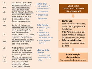 Lia. Inês Pereira é concertada
pera casar com alguém?
Mãe Até ‘gora com ninguém
não é ela embaraçada.
Lia. Eu vos trago um casamento
em nome do Anjo bento.
Filha, não sei se vos praz.
Inês E quando, Lianor Vaz?
Lia. Eu vos trago aviamento.
Inês Porém, não hei de casar
senão com homem avisado,
ainda que pobre pelado,
seja discreto em falar.
Lia. Eu vos trago um bom marido,
rico, honrado, conhecido;
diz que em camisa vos quer.
Inês Primeiro, eu hei de saber
se é parvo, se sabido.
Lia. Nesta carta que aqui vem
pera vós, filha, d’amores,
veredes vós, minhas flores,
a discrição que ele tem.
Inês Mostrai-ma cá, quero ver.
Lia. Tomai. E sabedes vós ler?
Mãe Hui! E ela sabe latim,
e gramática e alfaqui,
e tudo quanto ela quer.
• Lianor Vaz:
alcoviteira/casamenteira,
dissimulada, pragmática,
bajuladora
• Inês Pereira: ansiosa por
casar, idealista, desejosa
de ascensão social, culta
• Mãe de Inês Pereira:
ansiosa pelo casamento
da filha
Quais são as
CARACTERÍSTICAS DAS
PERSONAGENS?
Lianor Vaz
• alcoviteira /
casamenteira
Representação
do quotidiano
(combinação de casamento)
• bajuladora
• dissimulada
Inês Pereira
• ansiosa por
casar
• idealista e
desejosa de
ascensão social
• com alguma
cultura
Mãe de Inês
Pereira
• ansiosa pelo
casamento da
filha
• pragmática
 