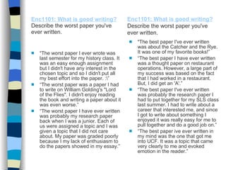 Enc1101: What is good writing?   Describe the worst paper you've ever written. “ The worst paper I ever wrote was last semester for my history class. It was an easy enough assignment but I didn't have any interest in the chosen topic and so I didn't put all my best effort into the paper. :\” “ The worst paper was a paper I had to write on William Golding's "Lord of the Flies". I didn't enjoy reading the book and writing a paper about it was even worse.” “ The worst paper I have ever written was probably my research paper back when I was a junior. Each of us were assigned a topic and I was given a topic that I did not care about. My paper was graded poorly because I my lack of enthusiasm to do the papers showed in my essay.” “ The best paper I've ever written was about the Catcher and the Rye. It was one of my favorite books!” “ The best paper I have ever written was a thought paper on restaurant operations. However, a large part of my success was based on the fact that I had worked in a restaurant. But, I did get an 'A'.” “ The best paper I've ever written was probably the research paper I had to put together for my SLS class last summer. I had to write about a career that interested me, and since I got to write about something I enjoyed it was really easy for me to pull together and do a good job on.” “ The best paper ive ever written in my mind was the one that got me into UCF. It was a topic that came very clearly to me and evoked emotion in the reader.” Enc1101: What is good writing?   Describe the worst paper you've ever written. 