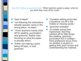 Enc1101: What is good writing?   When teachers grade a paper, what do you think they mark off for most? “ lack of depth” “ not following the instructions (double spaced, name in the wrong place, no date)” “ I think teachers mainly mark off for spelling, punctuation, and grammar. Rather than focusing on what the paper is actually about.” “ Either not making a point, being off topic, or bad grammar” “ Careless editing errors like a sentence cut off in the middle or missing words.” “ grammer probably” “ In middle school and highschool i feel they marked off for little things like spelling, grammer, puncuation but in college i think professors focus more on whether a student is getting their point across and understanding the material. 