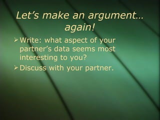 Let’s make an argument…again! Write: what aspect of your partner’s data seems most interesting to you? Discuss with your partner. 