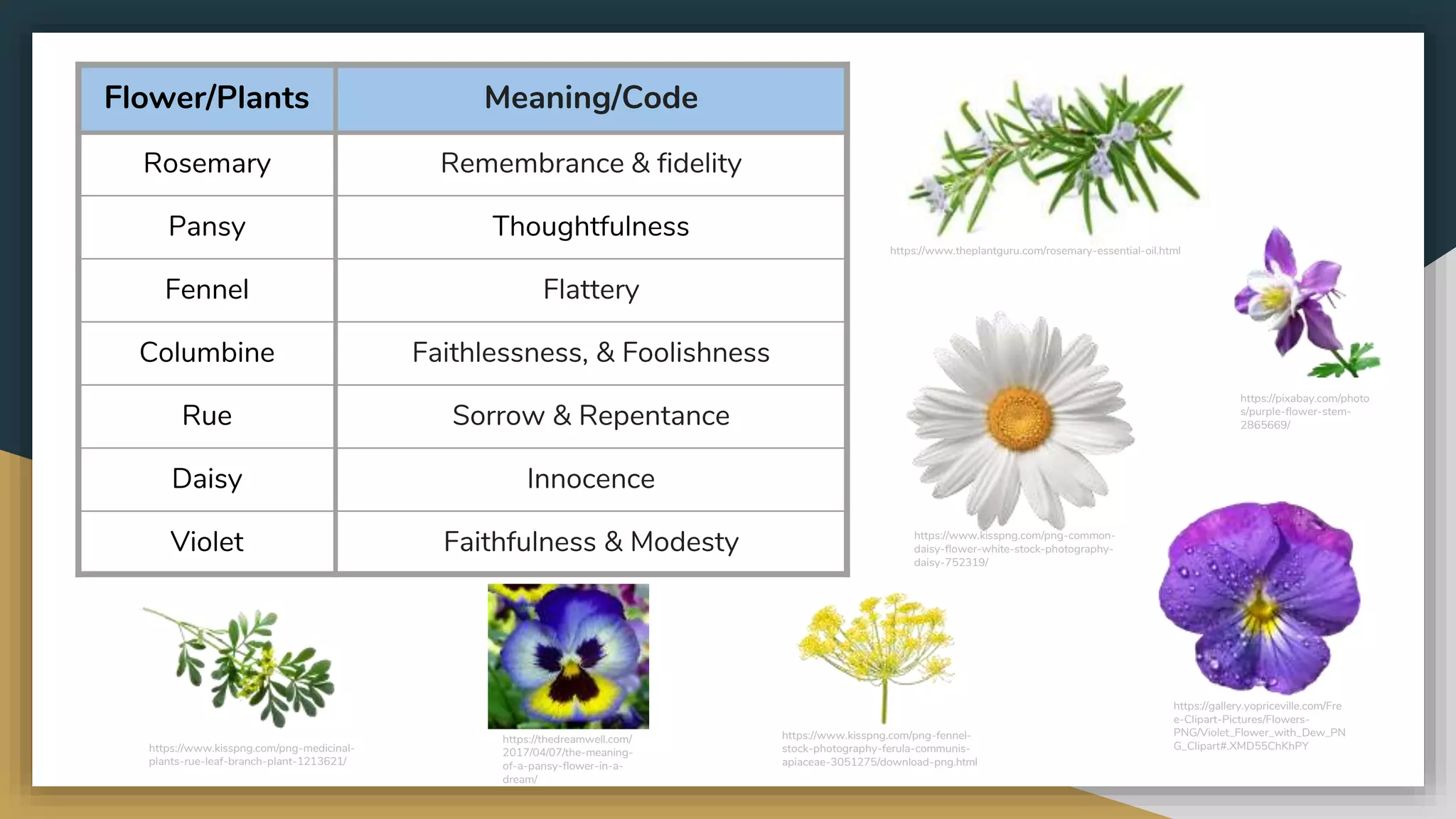 Flower/Plants Meaning/Code
Rosemary Remembrance & fidelity
Pansy Thoughtfulness
Fennel Flattery
Columbine Faithlessness, & Foolishness
Rue Sorrow & Repentance
Daisy Innocence
Violet Faithfulness & Modesty
https://www.theplantguru.com/rosemary-essential-oil.html
https://thedreamwell.com/
2017/04/07/the-meaning-
of-a-pansy-flower-in-a-
dream/
https://www.kisspng.com/png-fennel-
stock-photography-ferula-communis-
apiaceae-3051275/download-png.html
https://pixabay.com/photo
s/purple-flower-stem-
2865669/
https://www.kisspng.com/png-common-
daisy-flower-white-stock-photography-
daisy-752319/
https://gallery.yopriceville.com/Fre
e-Clipart-Pictures/Flowers-
PNG/Violet_Flower_with_Dew_PN
G_Clipart#.XMD55ChKhPYhttps://www.kisspng.com/png-medicinal-
plants-rue-leaf-branch-plant-1213621/
 