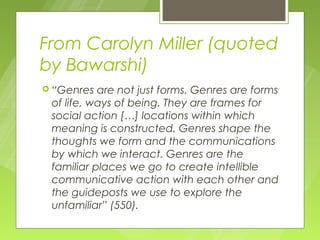 From Carolyn Miller (quoted
by Bawarshi)
 “Genres  are not just forms. Genres are forms
 of life, ways of being. They are frames for
 social action […] locations within which
 meaning is constructed. Genres shape the
 thoughts we form and the communications
 by which we interact. Genres are the
 familiar places we go to create intellible
 communicative action with each other and
 the guideposts we use to explore the
 unfamiliar” (550).
 
