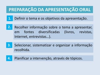 PREPARAÇÃO DA APRESENTAÇÃO ORAL
Definir o tema e os objetivos da apresentação.1.
Recolher informação sobre o tema a apresentar,
em fontes diversificadas (livros, revistas,
Internet, entrevistas…).
2.
Selecionar, sistematizar e organizar a informação
recolhida.
3.
Planificar a intervenção, através de tópicos.4.
 