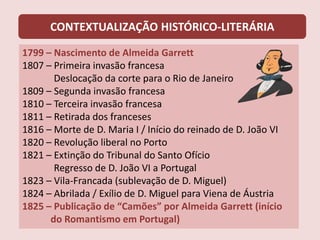 CONTEXTUALIZAÇÃO HISTÓRICO-LITERÁRIA
1799 – Nascimento de Almeida Garrett
1807 – Primeira invasão francesa
Deslocação da corte para o Rio de Janeiro
1809 – Segunda invasão francesa
1810 – Terceira invasão francesa
1811 – Retirada dos franceses
1816 – Morte de D. Maria I / Início do reinado de D. João VI
1820 – Revolução liberal no Porto
1821 – Extinção do Tribunal do Santo Ofício
Regresso de D. João VI a Portugal
1823 – Vila-Francada (sublevação de D. Miguel)
1824 – Abrilada / Exílio de D. Miguel para Viena de Áustria
1825 – Publicação de “Camões” por Almeida Garrett (início
do Romantismo em Portugal)
 