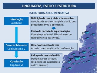 ESTRUTURA ARGUMENTATIVA
LINGUAGEM, ESTILO E ESTRUTURA
Conclusão
Capítulo VI
Reforço da tese defendida
Devido às suas virtudes,
(os peixes são superiores a
outros animais).
Introdução
Capítulo I
Definição da tese / ideia a desenvolver
A sociedade está corrompida; a ação dos
pregadores evita a corrupção.
Ponto de partida da argumentação
Conceito predicável: Vós sois o sal da
terra (Vos estis sal terrae).
Desenvolvimento da tese
Através da exposição e da confirmação.
Desenvolvimento
Capítulos II a V
 