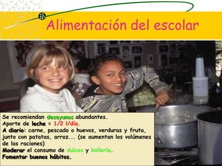 Alimentación del escolarSe recomiendan desayunos abundantes. Aporte de leche = 1/2 l/día.A diario: carne, pescado o huevos, verduras y fruta, junto con patatas, arroz... (se aumentan los volúmenes de las raciones)Moderar el consumo de dulces y bollería.Fomentar buenos hábitos.