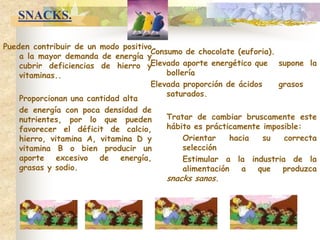 SNACKS.Pueden contribuir de un modo positivo a la mayor demanda de energía y cubrir deficiencias de hierro y vitaminas..	Proporcionan una cantidad alta 	de energía con poca densidad de nutrientes, por lo que pueden favorecer el déficit de calcio, hierro, vitamina A, vitamina D y vitamina B o bien producir un aporte excesivo de energía, grasas y sodio. Consumo de chocolate (euforia).Elevado aporte energético que 	supone la bolleríaElevada proporción de ácidos 	grasos saturados.	Tratar de cambiar bruscamente este hábito es prácticamente imposible:		Orientar hacia su correcta 	selección		Estimular a la industria de la 	alimentación a que produzca snacks sanos.