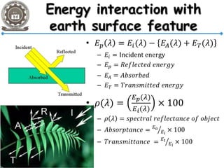 • 𝐸 𝑝 𝜆 = 𝐸𝑖(𝜆) − 𝐸𝐴(𝜆) + 𝐸 𝑇(𝜆)
– 𝐸𝑖 = Incident energy
– 𝐸 𝑝 = 𝑅𝑒𝑓𝑙𝑒𝑐𝑡𝑒𝑑 𝑒𝑛𝑒𝑟𝑔𝑦
– 𝐸𝐴 = 𝐴𝑏𝑠𝑜𝑟𝑏𝑒𝑑
– 𝐸 𝑇 = 𝑇𝑟𝑎𝑛𝑠𝑚𝑖𝑡𝑡𝑒𝑑 𝑒𝑛𝑒𝑟𝑔𝑦
• 𝜌(𝜆) =
𝐸 𝑝(𝜆)
𝐸 𝑖(𝜆)
× 100
– 𝜌 𝜆 = 𝑠𝑝𝑒𝑐𝑡𝑟𝑎𝑙 𝑟𝑒𝑓𝑙𝑒𝑐𝑡𝑎𝑛𝑐𝑒 𝑜𝑓 𝑜𝑏𝑗𝑒𝑐𝑡
– 𝐴𝑏𝑠𝑜𝑟𝑝𝑡𝑎𝑛𝑐𝑒 = 𝐸 𝑎
𝐸 𝑖
× 100
– 𝑇𝑟𝑎𝑛𝑠𝑚𝑖𝑡𝑡𝑎𝑛𝑐𝑒 = 𝐸𝑡
𝐸 𝑖
× 100
 