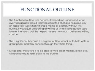FUNCTIONAL OUTLINE 
• The functional outline was perfect, it helped me understand what 
every paragraph should really be consisted of. It also helps me stay 
on topic very well when writing a memo or a letter. Without this 
outline, I would just be looking at writing as what I have gotten used 
to over the years, but this helped me see how much better my writing 
can be. 
• This is significant because it is a great outline to look at to help write a 
great paper and stay concise through the whole thing. 
• My goal for the future is to be able to write great memos, letters etc.. 
without having to refer back to the outline 
 