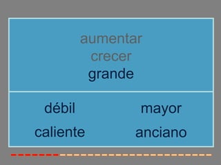 aumentar 
crecer 
grande 
débil mayor 
caliente 
anciano 
 