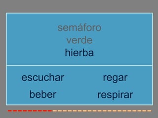 semáforo 
verde 
hierba 
escuchar regar 
beber 
respirar 
 