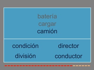 batería
cargar
camión
división
condición director
conductor
 