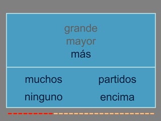 grande
mayor
más
ninguno
muchos partidos
encima
 