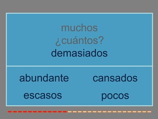 muchos
¿cuántos?
demasiados
escasos
abundante cansados
pocos
 