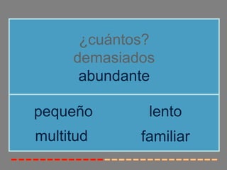 ¿cuántos?
demasiados
abundante
multitud
pequeño lento
familiar
 