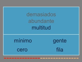 demasiados
abundante
multitud
cero
mínimo gente
fila
 