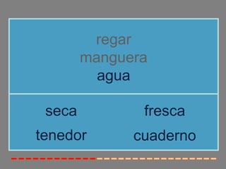regar
manguera
agua
tenedor
seca fresca
cuaderno
 