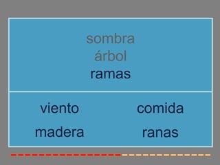 sombra
árbol
ramas
madera
viento comida
ranas
 