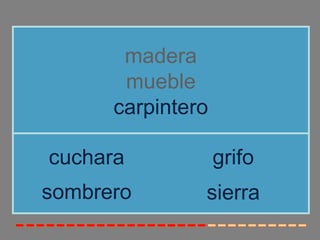 madera
mueble
carpintero
sombrero
cuchara grifo
sierra
 