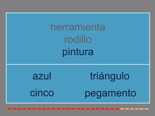 herramienta
rodillo
pintura
cinco
azul triángulo
pegamento
 