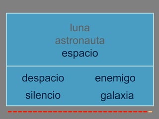 luna
astronauta
espacio
silencio
despacio enemigo
galaxia
 