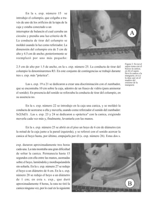 En la s. exp. número 15 se
introdujo el columpio, que colgaba a tra-
vés de uno de los orificios de la tapa de la
caja y estaba conectado a un
interruptor de balancín el cual cerraba un
circuito y prendía una luz-criterio de R.
                                                                                              A
La conducta de tirar del columpio se
moldeó usando la luz como reforzador. La
dimensión del columpio era de 5 cm de
alto y 4.5 cm de ancho; posteriormente se
reemplazó por uno más pequeño:
                                                                                         Figura 2. En (a) el
2.5 cm de alto por 1.5 de ancho, en la s. exp. número 25. La conducta de tirar del       sujeto toma con el
                                                                                         hocico la canica;
columpio la denominaremos R3. En este conjunto de contingencias se trabajó durante       en (b) el sujeto
                                                                                         lleva la canica a la
tres s. exp. más "práctica".                                                             manguera; en (c)
                                                                                         la deja caer en el
                                                                                         madero del
                                                                                         extremo de la
        Las s. exp. 19 a 21 se dedicaron a crear una discriminación con el zumbador,     manguera
que se encontraba 10 cm sobre la caja, adentro de un frasco de vidrio (para aminorar
el sonido). En presencia del sonido se reforzaba la conducta de tirar del columpio, en
su ausencia no.

       En la s. exp. número 22 se introdujo en la caja una canica, y se moldeó la
conducta de acercarse a ella y moverla, usando como reforzador el sonido del zumbador:
Sr2(Sd3) . Las s. exp. 23 y 24 se dedicaron a «práctica" con la canica, exigiendo
moverla cada vez más y, finalmente, levantarla con las manos.

       En la s. exp. número 25 se abríó en el piso un hoyo de 6 cm de diámetro (en
la mitad de la caja junto a la pared izquierda), y se reforzó con el sonido acercar la
canica al hoyo hasta, por último, empujarla por él (s. exp. número 26). Estas dos s.

exp. duraron aproximadamente tres horas
cada una. La rata mostraba una gran dificultad
de soltar la canica. Permanecía hasta 15
segundos con ella entre las manos, asomadas
sobre el hoyo, lamiéndola y mordisquéandola
sin soltarla. En la s. exp. número 27 se redujo
el hoyo a un diámetro de 4 cm. En la s. exp.
número 28 se redujo el hoyo a un diámetro
de 1 cm; en esta s. exp., que duró
aproximadamente 4 horas, la rata no tiró la                                                 B
canica ninguna vez, por lo cual en la siguiente
 